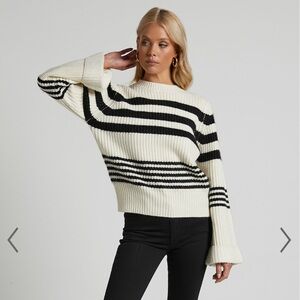 Showpo Striped Crew Neck Knit Sweater in Cream and Black. NWT